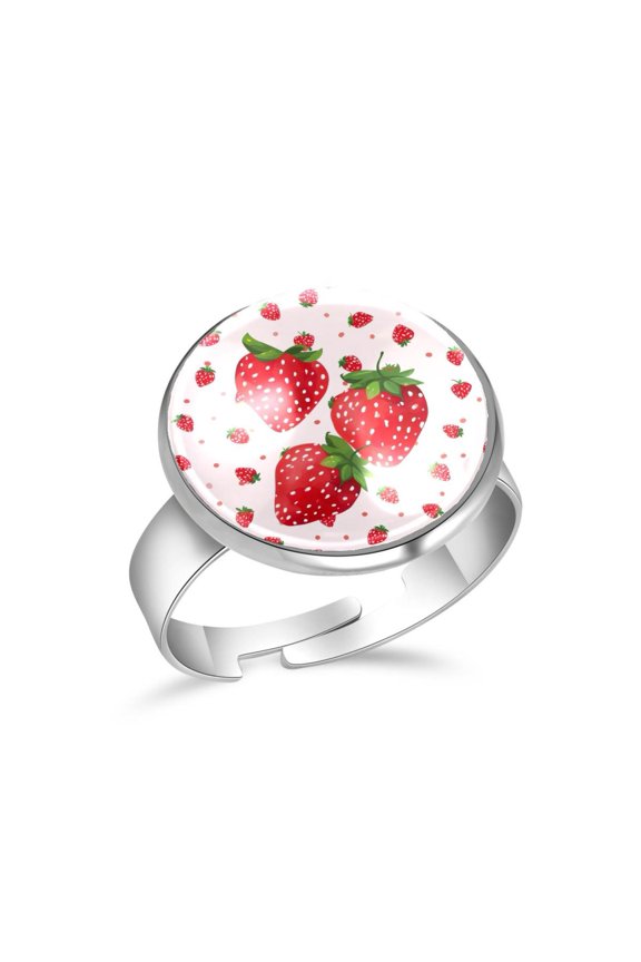 Cute Strawberries Dots Pattern Stainless Steel Rings for Women, Open Adjustable Ring Promise Ring Jewelry Gifts