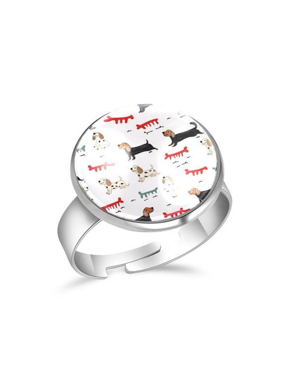 Dachshund Bones Pattern Stainless Steel Rings for Women, Open Adjustable Ring Promise Ring Jewelry Gifts
