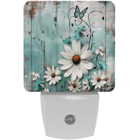 PhooArto Daisy Flowers Butterfly on Wooden Plug in LED Night Light Auto Sensor Dusk to Dawn Decorative Night for Bedroom, Bathroom, Kitchen, Hallway, Stairs, Baby's Room, Energy Saving
