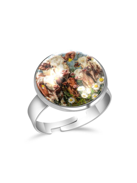 Daisy Flowers Farm Animals Cows Stainless Steel Rings for Women, Open Adjustable Ring Promise Ring Jewelry Gifts