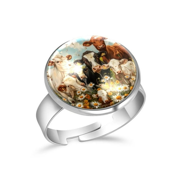 PhooArto Daisy Flowers Farm Animals Stainless Steel Rings for Women, Open Adjustable Ring Promise Ring Jewelry Gifts