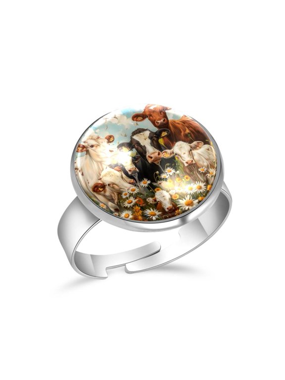 Daisy Flowers Farm Animals Stainless Steel Rings for Women, Open Adjustable Ring Promise Ring Jewelry Gifts