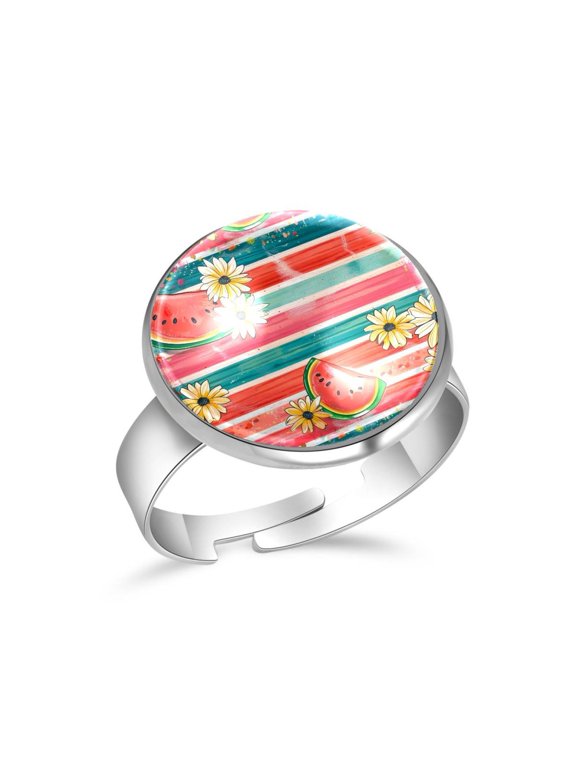 Daisy Watermelon Stripe Stainless Steel Rings for Women, Open Adjustable Ring Promise Ring Jewelry Gifts