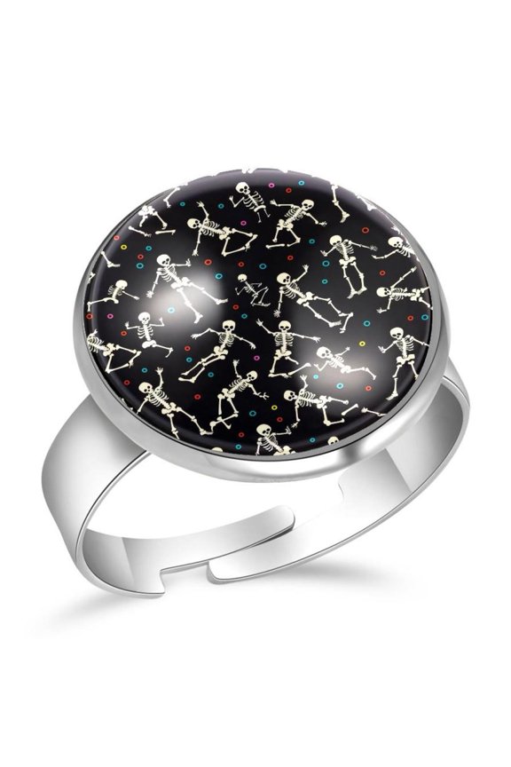 Dance Skeleton Colored Circles Pattern Stainless Steel Rings for Women, Open Adjustable Ring Promise Ring Jewelry Gifts