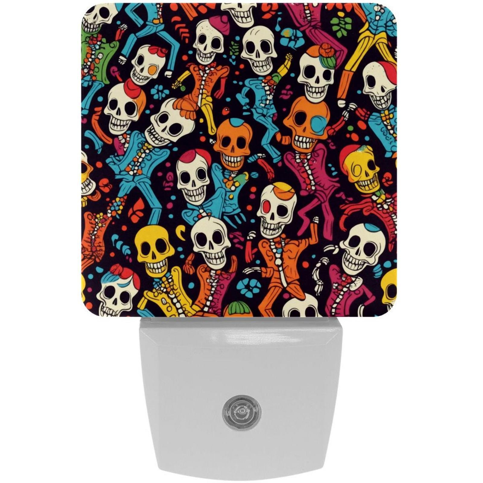 PhooArto Dancing Skull Colorful Pattern Plug in LED Night Light Auto Sensor Dusk to Dawn Decorative Night for Bedroom, Bathroom, Kitchen, Hallway, Stairs, Baby's Room, Energy Saving