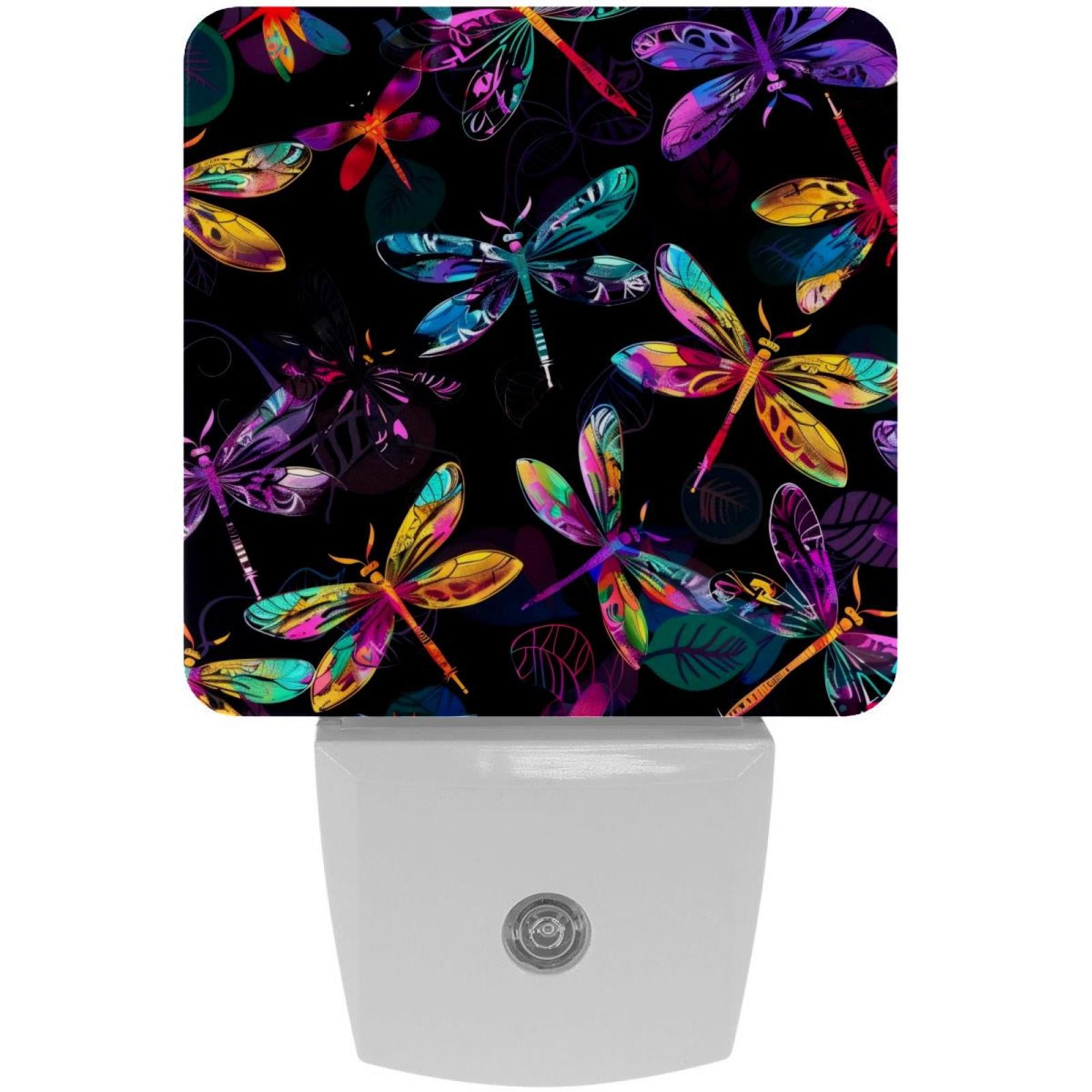 PhooArto Dark Colorful Dragonflies Pattern Plug in LED Night Light Auto Sensor Dusk to Dawn Decorative Night for Bedroom, Bathroom, Kitchen, Hallway, Stairs, Baby's Room, Energy Saving