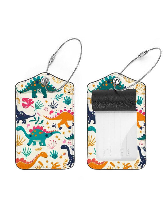 Dinosaurs Footprint Colorful Pattern Luggage Tags with Stainless Steel Loop, 2 Pack Luggage Tag Holders for Travel Luggage Baggage Identifier