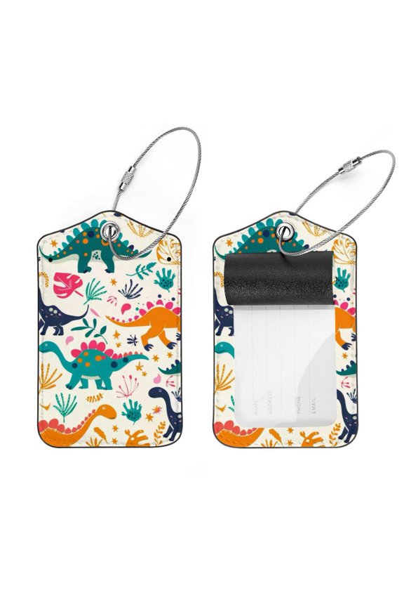 Dinosaurs Footprint Colorful Pattern Luggage Tags with Stainless Steel Loop, 2 Pack Luggage Tag Holders for Travel Luggage Baggage Identifier