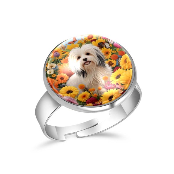 PhooArto Dog Sunflowers Butterflies Stainless Steel Rings for Women, Open Adjustable Ring Promise Ring Jewelry Gifts