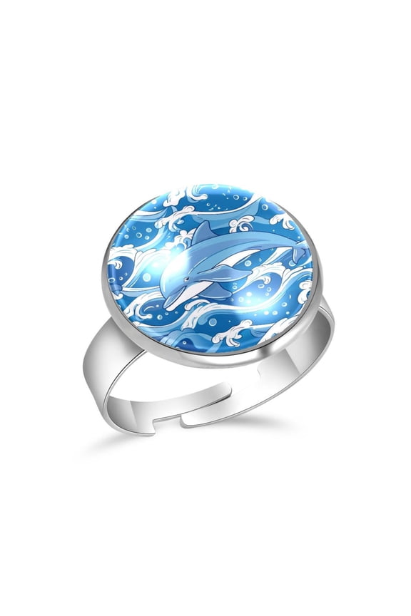 Dolphin and Blue Wave Pattern Stainless Steel Rings for Women, Open Adjustable Ring Promise Ring Jewelry Gifts