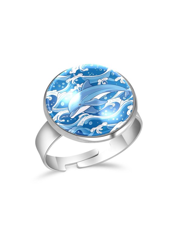 Dolphin and Blue Wave Pattern Stainless Steel Rings for Women, Open Adjustable Ring Promise Ring Jewelry Gifts