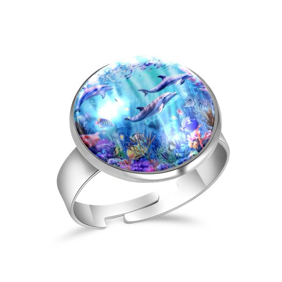PhooArto Dolphins Ocean Seaworld Stainless Steel Rings for Women, Open Adjustable Ring Promise Ring Jewelry Gifts