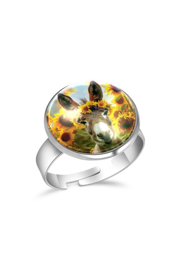Donkey Sunflower Garland Field Stainless Steel Rings for Women, Open Adjustable Ring Promise Ring Jewelry Gifts
