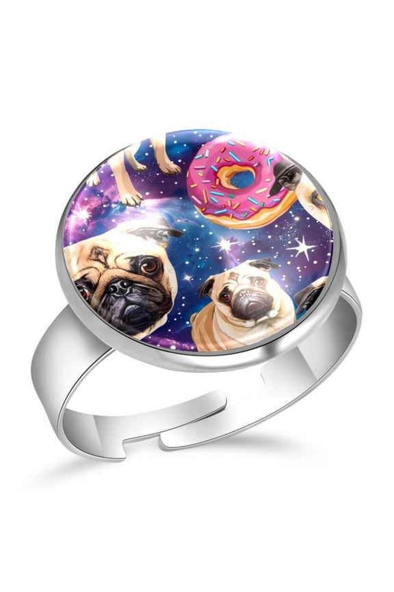 Donuts Pug Dog Galaxy Stainless Steel Rings for Women, Open Adjustable Ring Promise Ring Jewelry Gifts