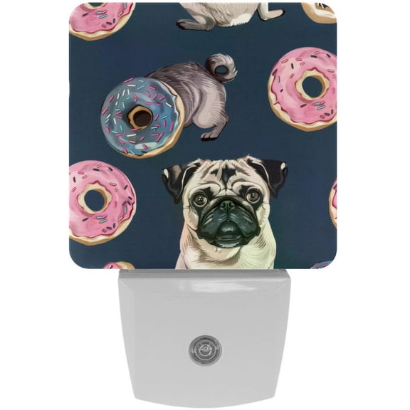 PhooArto Donuts Pug Dogs Patterns Plug in LED Night Light Auto Sensor Dusk to Dawn Decorative Night for Bedroom, Bathroom, Kitchen, Hallway, Stairs, Baby's Room, Energy Saving
