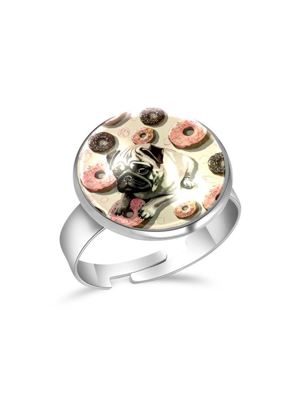 Donuts and Pug Dog Stainless Steel Rings for Women, Open Adjustable Ring Promise Ring Jewelry Gifts