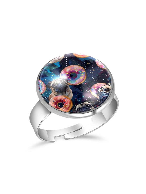 Donuts and Pug Dogs Galaxy Stainless Steel Rings for Women, Open Adjustable Ring Promise Ring Jewelry Gifts