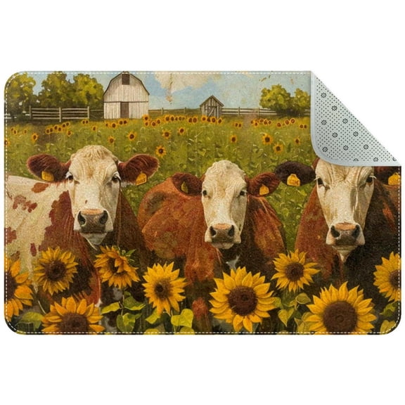 PhooArto Doormat Custom Indoor Welcome Door Mat, Farm Sunflowers and Cows Home Decorative Entry Rug Garden/Kitchen/Bedroom Mat Non-Slip Rubber 24x16in