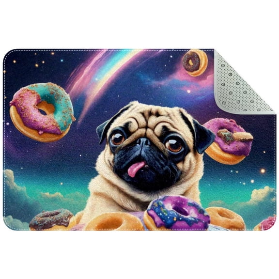 PhooArto Doormat Custom Indoor Welcome Door Mat, Pug Dog Donuts Rainbow Galaxy Home Decorative Entry Rug Garden/Kitchen/Bedroom Mat Non-Slip Rubber 24x16in