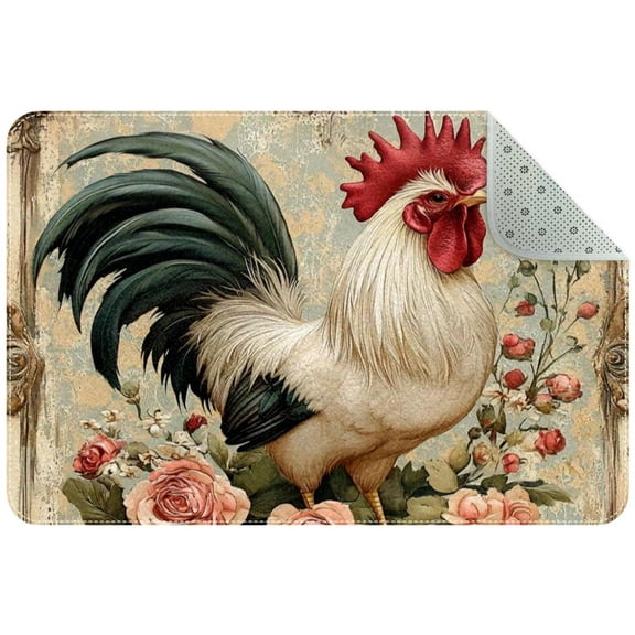 PhooArto Doormat Custom Indoor Welcome Door Mat, Rooster Flowers Home Decorative Entry Rug Garden/Kitchen/Bedroom Mat Non-Slip Rubber 24x16in