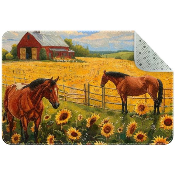 PhooArto Doormat Custom Indoor Welcome Door Mat, Sunflower Farm Horse Scene Home Decorative Entry Rug Garden/Kitchen/Bedroom Mat Non-Slip Rubber 24x16in