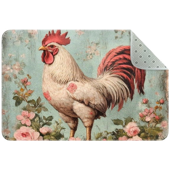 PhooArto Doormat Custom Indoor Welcome Door Mat, Vintage Rooster Rose Home Decorative Entry Rug Garden/Kitchen/Bedroom Mat Non-Slip Rubber 24x16in