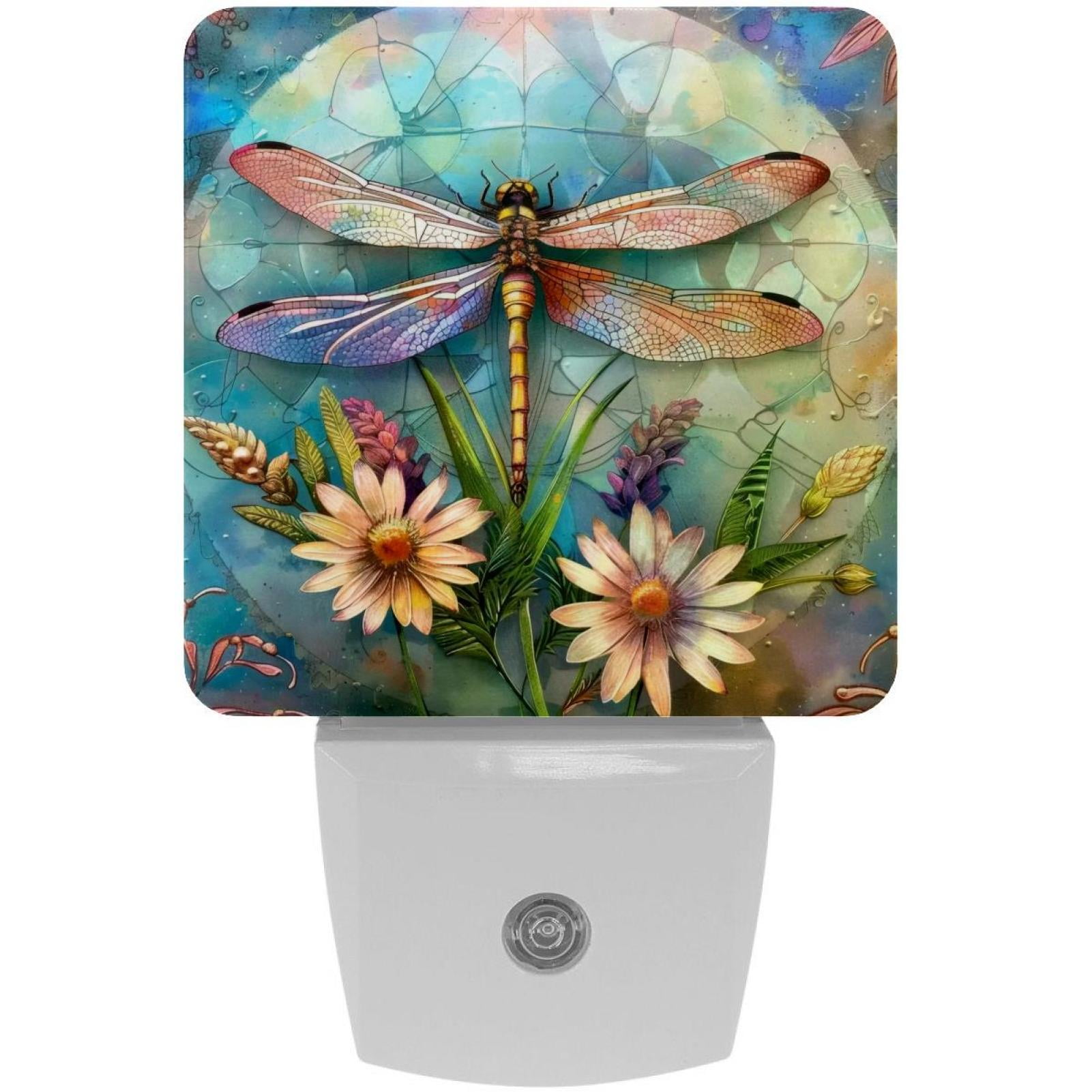 PhooArto Dragonfly Flowers Painting Plug in LED Night Light Auto Sensor Dusk to Dawn Decorative Night for Bedroom, Bathroom, Kitchen, Hallway, Stairs, Baby's Room, Energy Saving