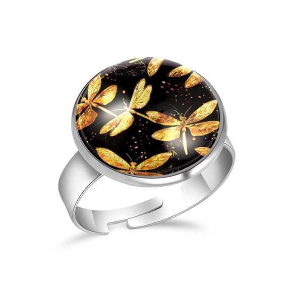PhooArto Dragonfly Golden Patterns Stainless Steel Rings for Women, Open Adjustable Ring Promise Ring Jewelry Gifts