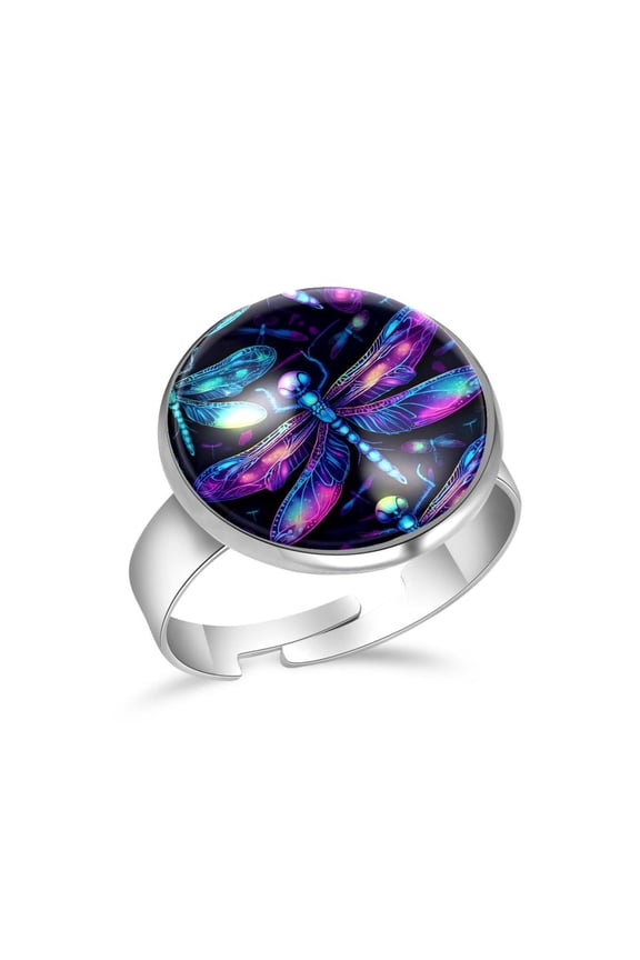 Dragonfly Neon Pattern Stainless Steel Rings for Women, Open Adjustable Ring Promise Ring Jewelry Gifts