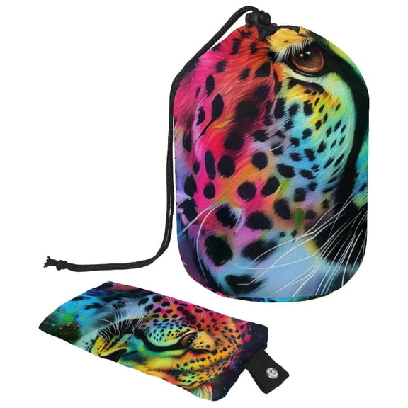 PhooArto Drawstring Cosmetic Bag, Barrel Shaped Portable Travel Makeup Bags, Art Leopard Rainbow Print Large Capacity Waterproof Multifunctional Bucket Toiletry Bag