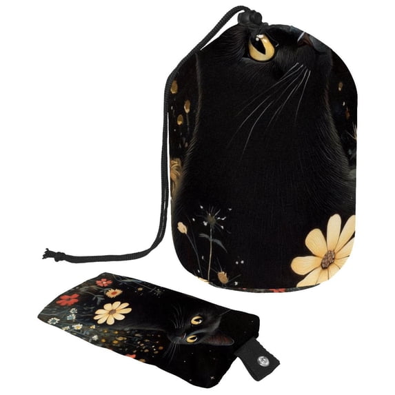 PhooArto Drawstring Cosmetic Bag, Barrel Shaped Portable Travel Makeup Bags, Black Cat Flower Night Large Capacity Waterproof Multifunctional Bucket Toiletry Bag