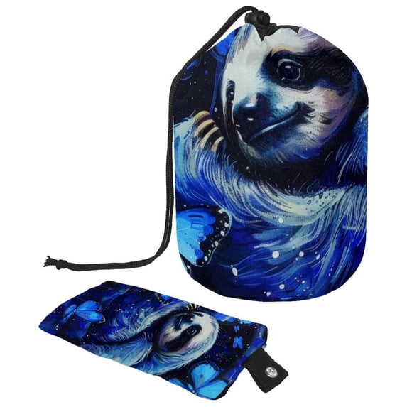 PhooArto Drawstring Cosmetic Bag, Barrel Shaped Portable Travel Makeup Bags, Blue Galaxy Butterflies Sloth Large Capacity Waterproof Multifunctional Bucket Toiletry Bag