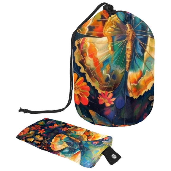 PhooArto Drawstring Cosmetic Bag, Barrel Shaped Portable Travel Makeup Bags, Butterfly Flower Art Pattern Large Capacity Waterproof Multifunctional Bucket Toiletry Bag