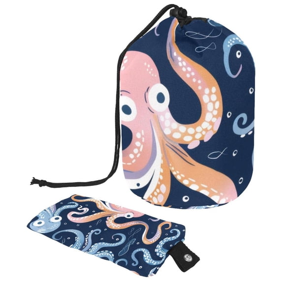 PhooArto Drawstring Cosmetic Bag, Barrel Shaped Portable Travel Makeup Bags, Cartoon Octopus Wave Pattern Large Capacity Waterproof Multifunctional Bucket Toiletry Bag