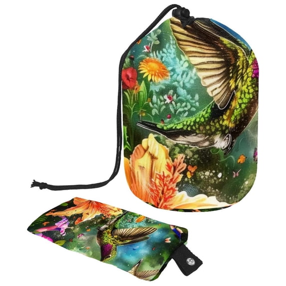 PhooArto Drawstring Cosmetic Bag, Barrel Shaped Portable Travel Makeup Bags, Color Hummingbird Flower Painting Large Capacity Waterproof Multifunctional Bucket Toiletry Bag