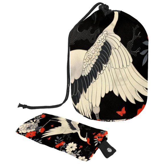 PhooArto Drawstring Cosmetic Bag, Barrel Shaped Portable Travel Makeup Bags, Crane and Flower Pattern Large Capacity Waterproof Multifunctional Bucket Toiletry Bag
