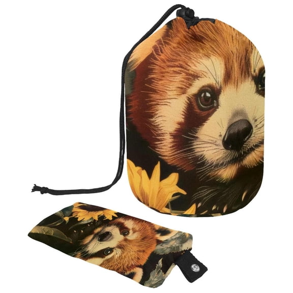 PhooArto Drawstring Cosmetic Bag, Barrel Shaped Portable Travel Makeup Bags, Cute Red Panda Sunflowers Large Capacity Waterproof Multifunctional Bucket Toiletry Bag