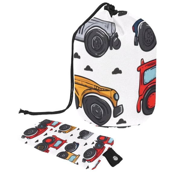 PhooArto Drawstring Cosmetic Bag, Barrel Shaped Portable Travel Makeup Bags, Cute Truck Tractor Pattern Large Capacity Waterproof Multifunctional Bucket Toiletry Bag
