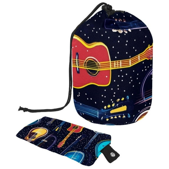 PhooArto Drawstring Cosmetic Bag, Barrel Shaped Portable Travel Makeup Bags, Electric Guitars Pattern Large Capacity Waterproof Multifunctional Bucket Toiletry Bag