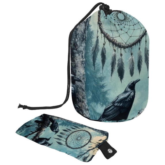 PhooArto Drawstring Cosmetic Bag, Barrel Shaped Portable Travel Makeup Bags, Forest Crows Dream Catcher Large Capacity Waterproof Multifunctional Bucket Toiletry Bag