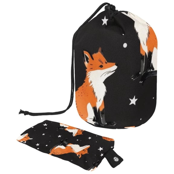 PhooArto Drawstring Cosmetic Bag, Barrel Shaped Portable Travel Makeup Bags, Fox Animals White Stars Pattern Large Capacity Waterproof Multifunctional Bucket Toiletry Bag