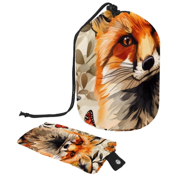 PhooArto Drawstring Cosmetic Bag, Barrel Shaped Portable Travel Makeup Bags, Fox Butterfly Pattern Large Capacity Waterproof Multifunctional Bucket Toiletry Bag