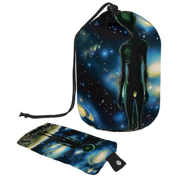 PhooArto Drawstring Cosmetic Bag, Barrel Shaped Portable Travel Makeup Bags, Galaxy Alien Stands Earth Large Capacity Waterproof Multifunctional Bucket Toiletry Bag
