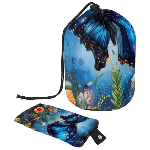 PhooArto Drawstring Cosmetic Bag, Barrel Shaped Portable Travel Makeup Bags, Galaxy Blue Butterfly Amidst Flowers Large Capacity Waterproof Multifunctional Bucket Toiletry Bag