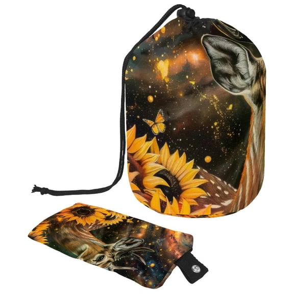 PhooArto Drawstring Cosmetic Bag, Barrel Shaped Portable Travel Makeup Bags, Galaxy Deer Butterflies Sunflower Large Capacity Waterproof Multifunctional Bucket Toiletry Bag