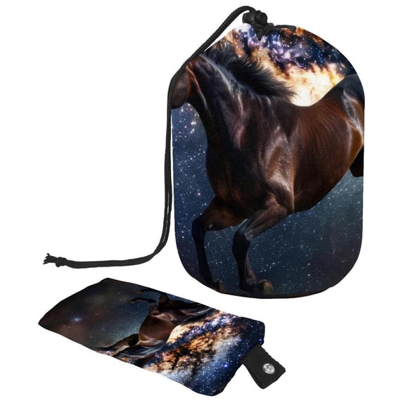 PhooArto Drawstring Cosmetic Bag, Barrel Shaped Portable Travel Makeup Bags, Galaxy Running Horse Large Capacity Waterproof Multifunctional Bucket Toiletry Bag