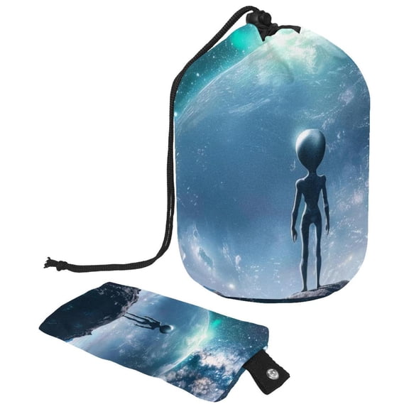 PhooArto Drawstring Cosmetic Bag, Barrel Shaped Portable Travel Makeup Bags, Galaxy Space Alien Large Capacity Waterproof Multifunctional Bucket Toiletry Bag