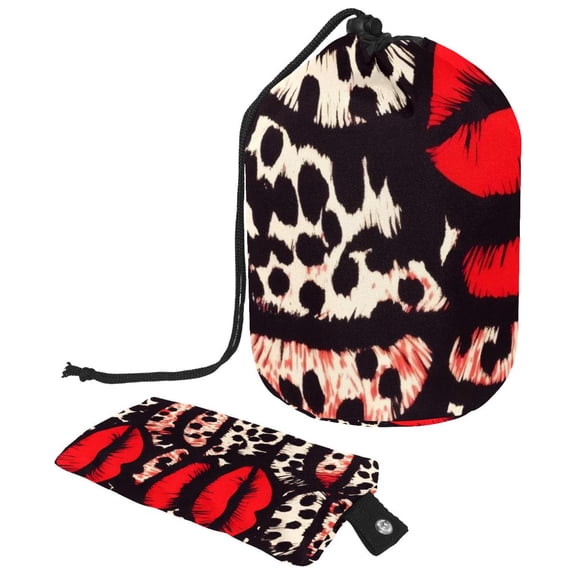 PhooArto Drawstring Cosmetic Bag, Barrel Shaped Portable Travel Makeup Bags, Leopard Lips Print Large Capacity Waterproof Multifunctional Bucket Toiletry Bag