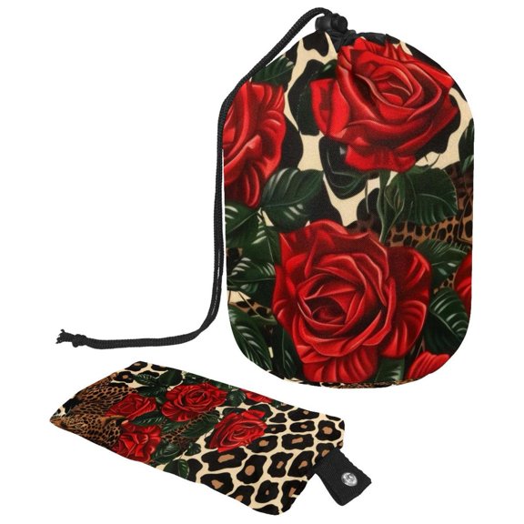 PhooArto Drawstring Cosmetic Bag, Barrel Shaped Portable Travel Makeup Bags, Leopard Print Red Roses Large Capacity Waterproof Multifunctional Bucket Toiletry Bag