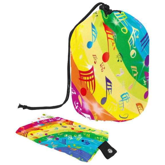 PhooArto Drawstring Cosmetic Bag, Barrel Shaped Portable Travel Makeup Bags, Music Notes Rainbow Large Capacity Waterproof Multifunctional Bucket Toiletry Bag